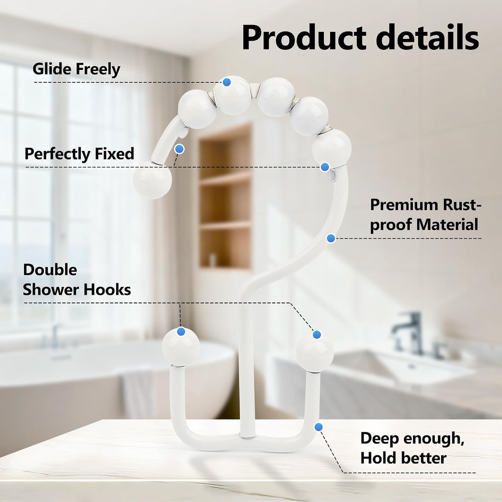 Resze Shower Curtain Hooks, Metal Double Shower Curtain Rings, White