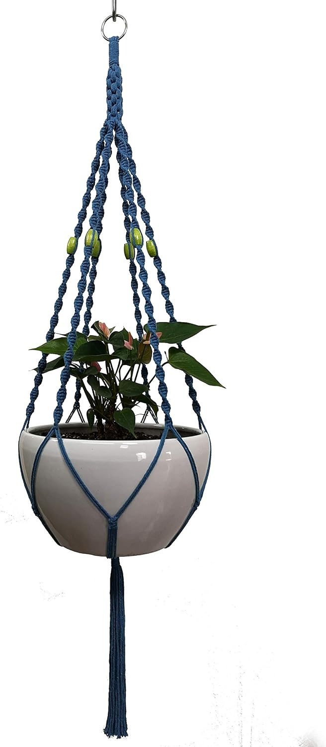 6 Legs Macrame Natural Jute and Cotton Plant Hanger & Holder and Metal Ring, 51-inches Length (Without the White Pot and Plant) (Turquoise)