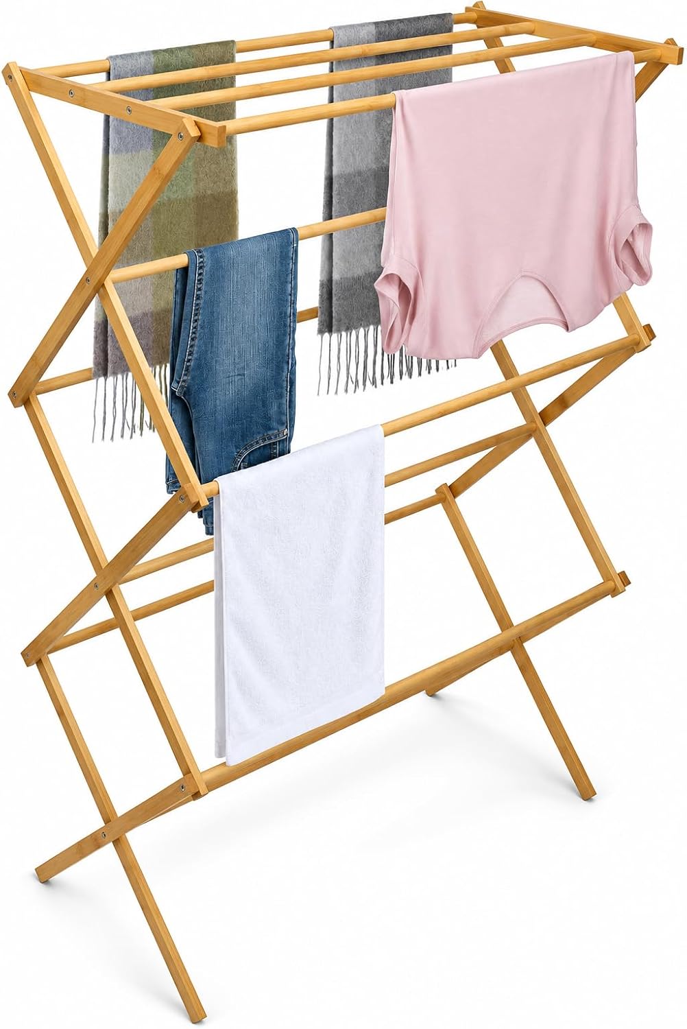 BROOKSTONE, Eco-Friendly Bamboo Drying Rack, Collapsible Laundry Clothes Hanger, 10 Hanging Bars, Minimalist Space Saving Design