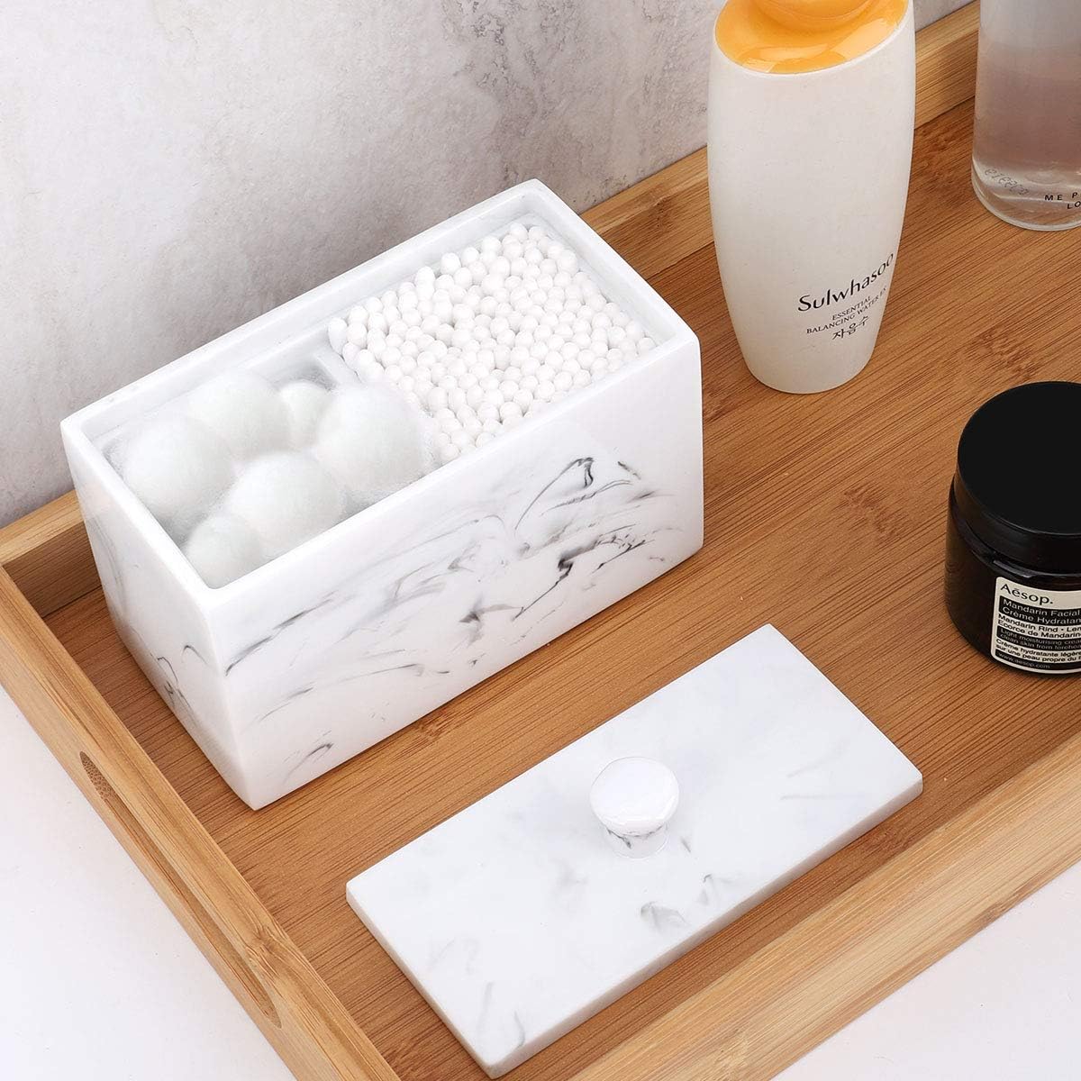 Luxspire Cotton Swab Holder, Dual Compartment Jar with Lid, Ink White