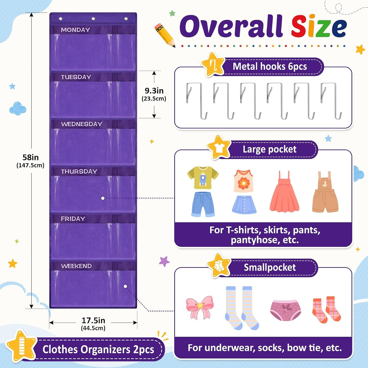 2 Pack Weekly Kids Clothes Organizer with 12 Pockets