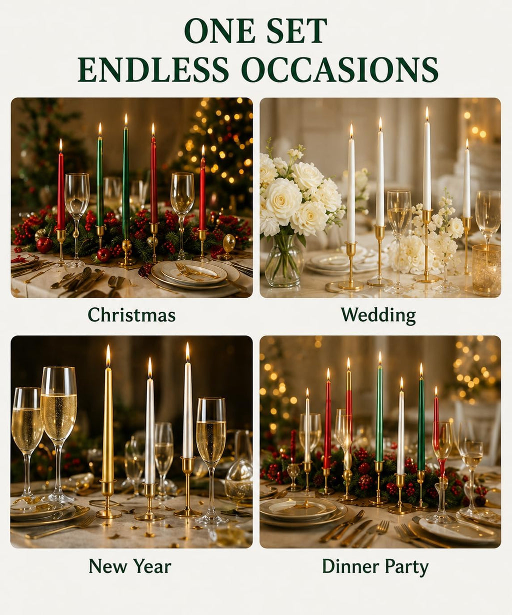 4 White 4 Red 4 Green 4 Gold 4 Silver 10 Inch Metallic Taper Candle