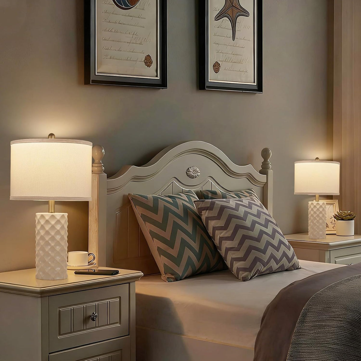 Star Diamond Ceramic Table Lamps Set of 2 - Beige Nightstand Lamps 23"