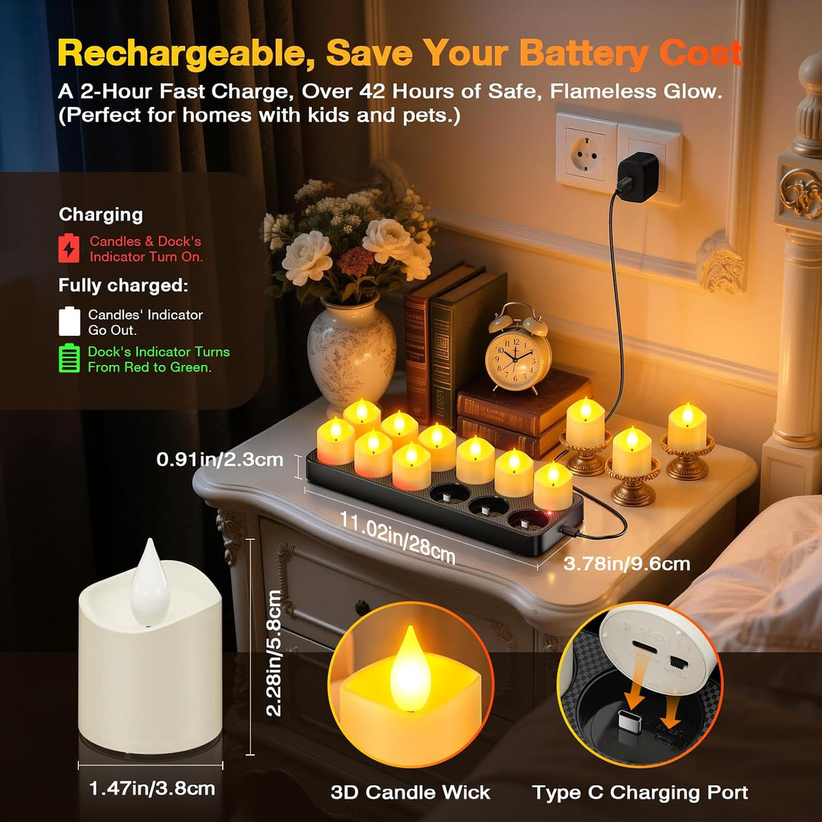 Yme Rechargeable Tea Lights Candles with Remote & USB-C Charging Base