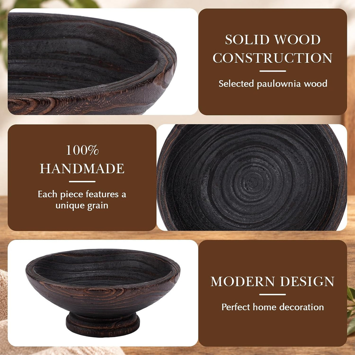 9 Inch Wooden Fruit Bowl with Natural Finish Pedestal for Kitchen Counter