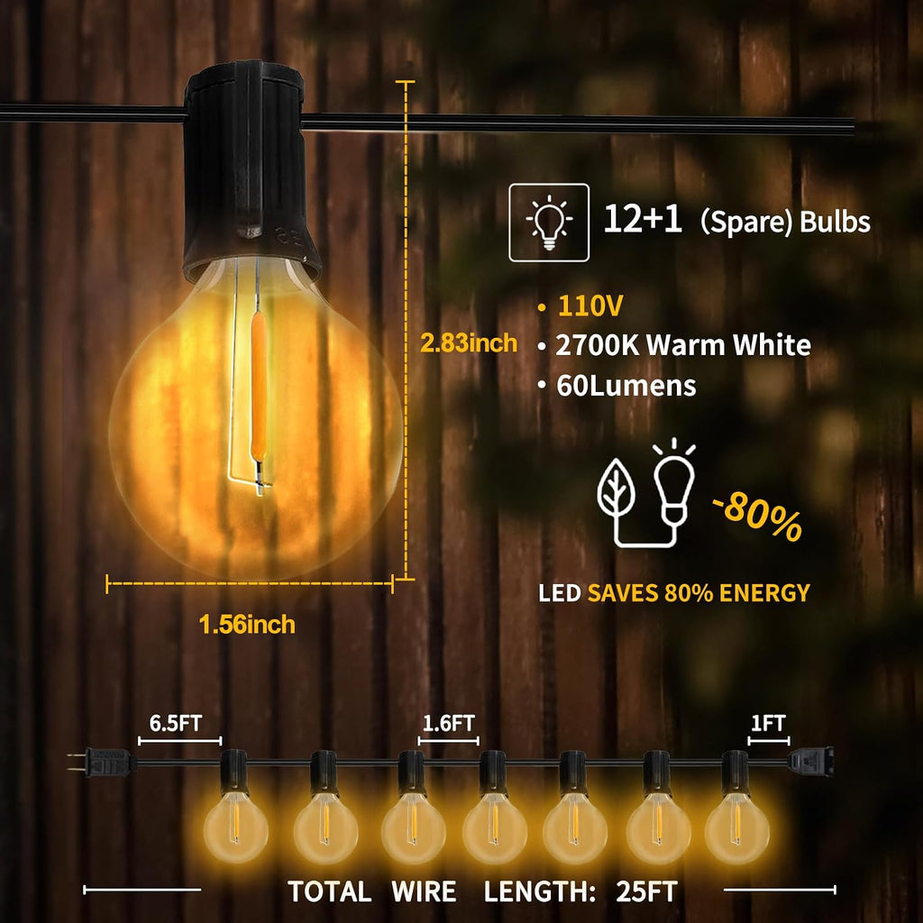 GvvooHome Outdoor String Lights, 25FT G40 LED Waterproof Patio Lights