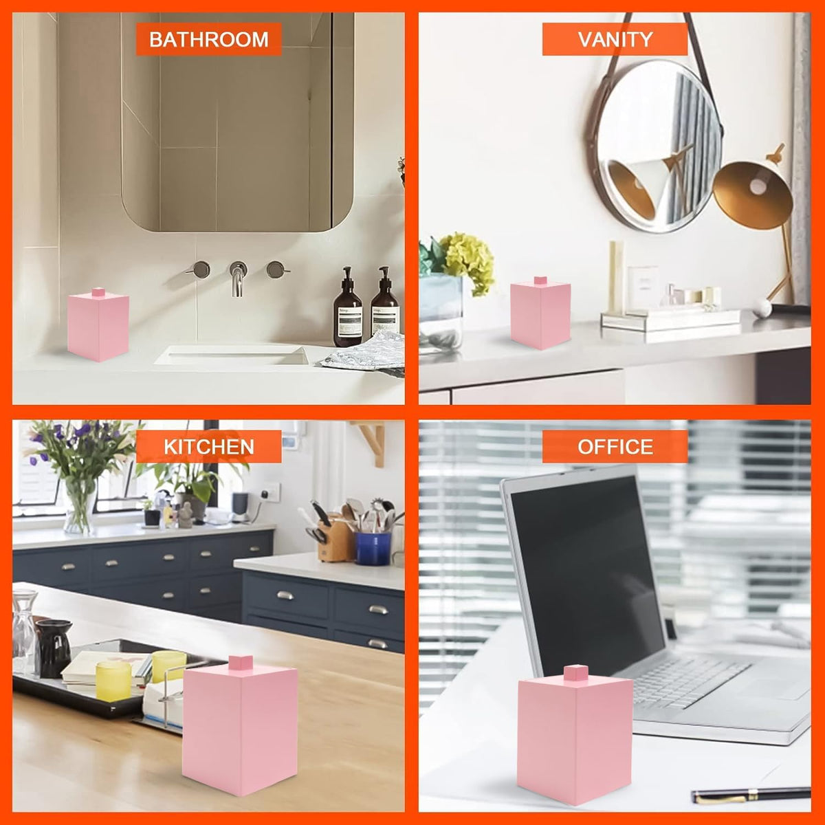 Bathroom Q Tip Holder with lid, Resin ,Square (Matte Pink)