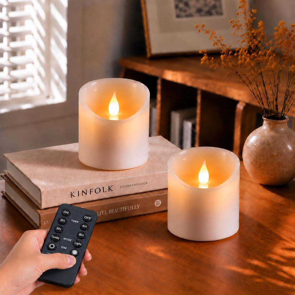 3"x3" Flickering Flameless Candles, Realistic LED Candles, Battery Operated Candles with Remote and Timers, Real Wax Electric Fake Pillar Candles for Festival Wedding Home Party Decor -2Pack
