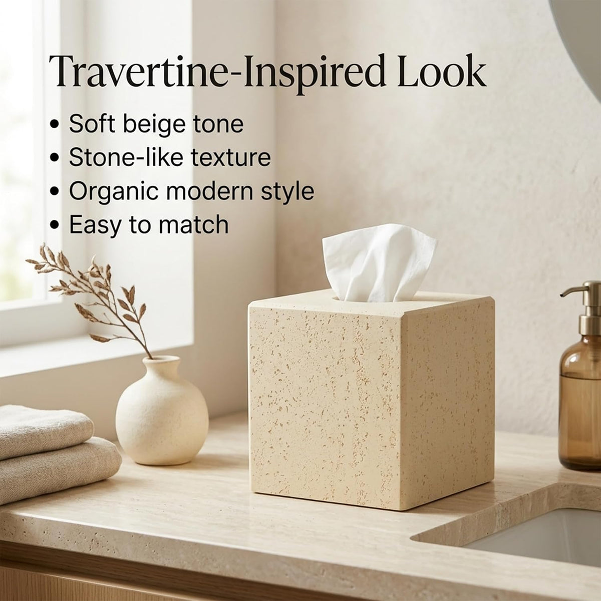 Beige Tissue Box Cover, Modern Square Decorative Tissue Box Holder with Travertine-Inspired Finish, Removable Magnetic Base Lid, Weighted Cover for Bathroom Countertop, Vanity, Office, Bedroom