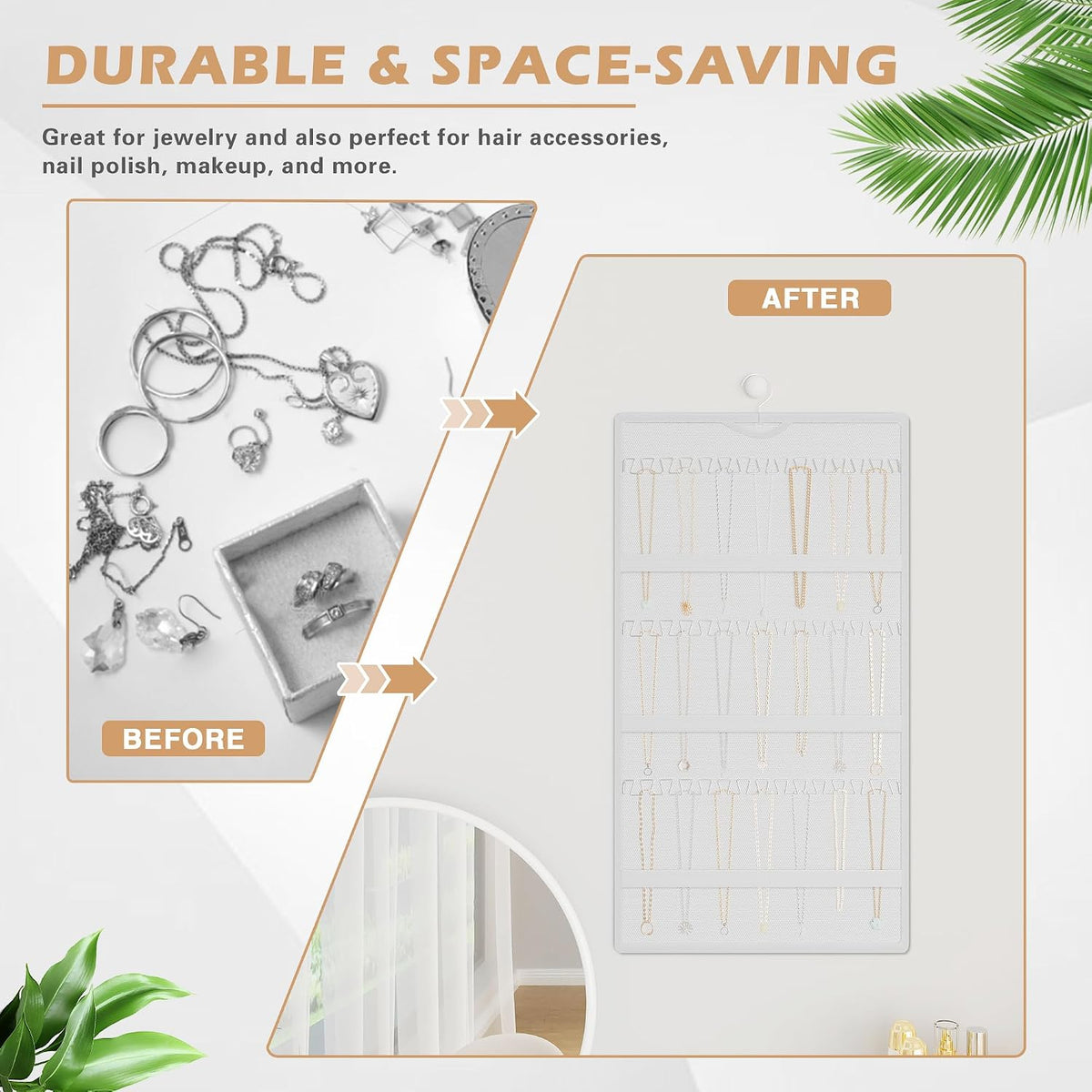 Hanging Jewelry Organizer, Double-Sided Necklaces Holder, White