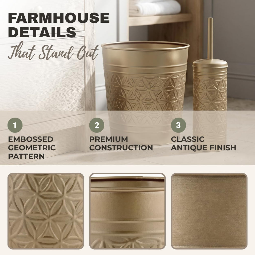 Autumn Alley Farmhouse Antique Gold Bathroom Accessories Set – Includes Gold Bathroom Trash Can & Toilet Brush with Holder, Handcrafted Modern Waste Bin & Standing Toilet Brush, Embossed Metal Décor