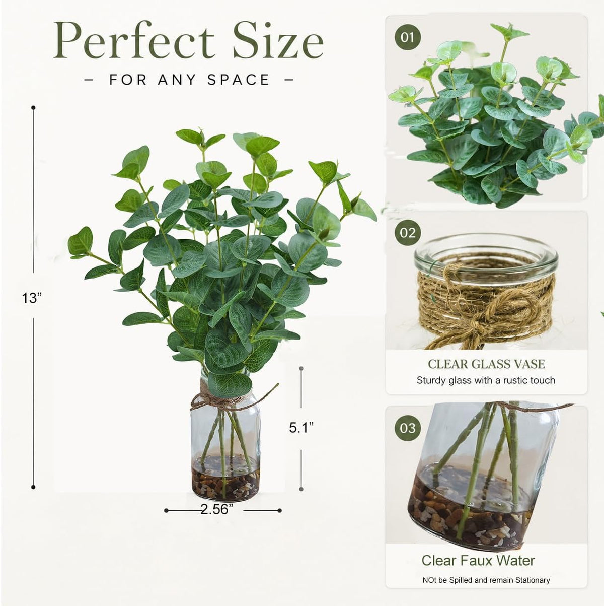 Artificial Eucalyptus Stems in Glass Vase with Faux Water, 13.5" Fake Plants for Home Decor, Office, Bathroom & Farmhouse Weddings - Faux Greenery Plants Decorations