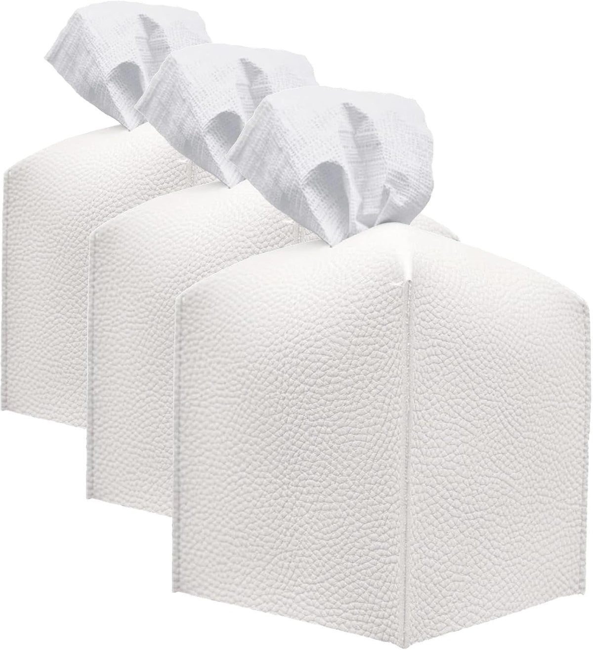 Carrotez Tissue Box Cover, Refined Modern PU Leather Square Holder - Decorative Holder/Organizer for Bathroom Vanity Countertop, Night Stands, Office Desk & Car 5"X5"X5" White (Pack of 3)