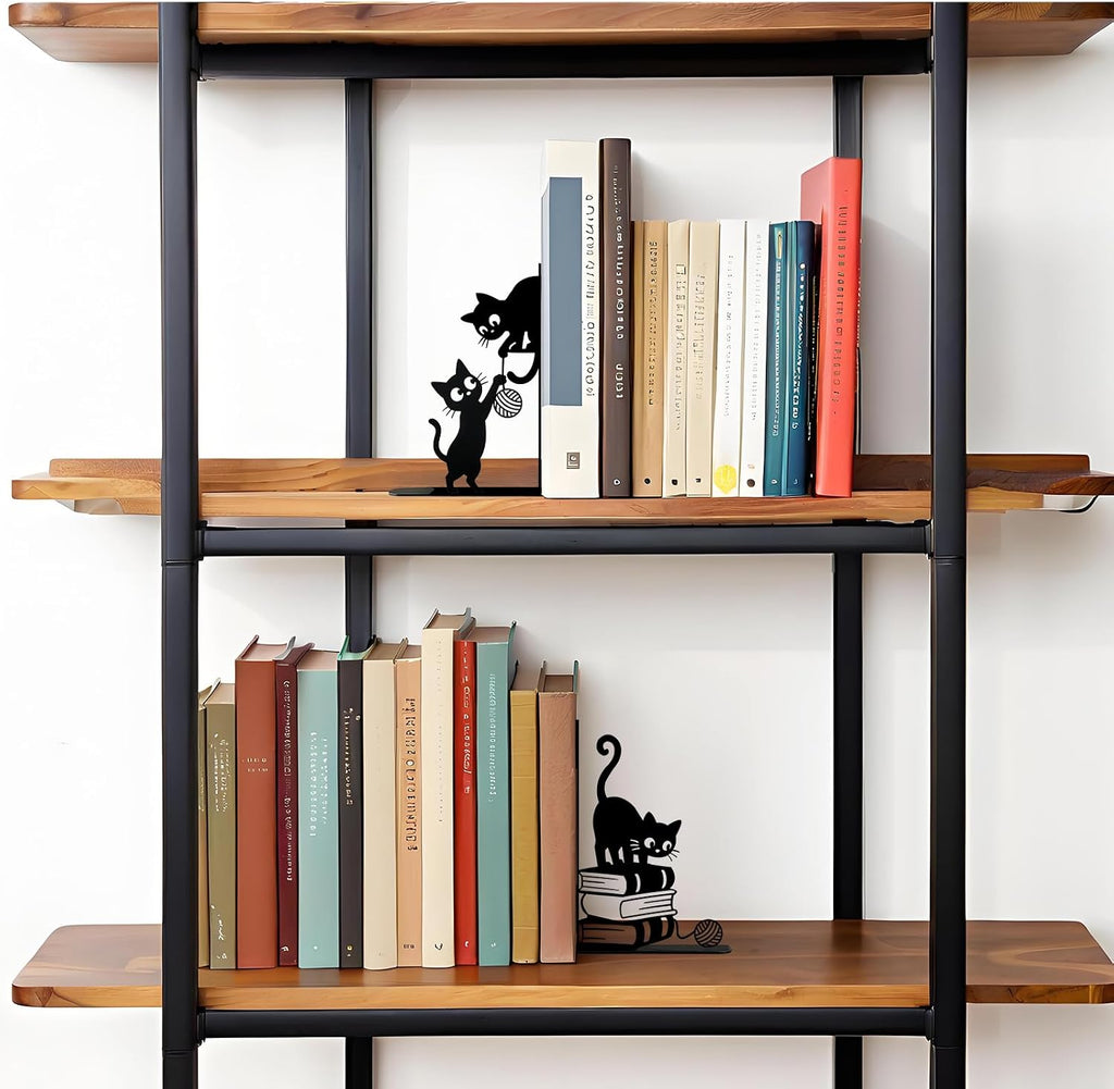 Funny Cat Bookends Metal Black Cat Book Ends for Shelves Decorative Bookshelf Home Office Desk Bookshelf Decor Gift for Cat Lovers and Reading Enthusiasts