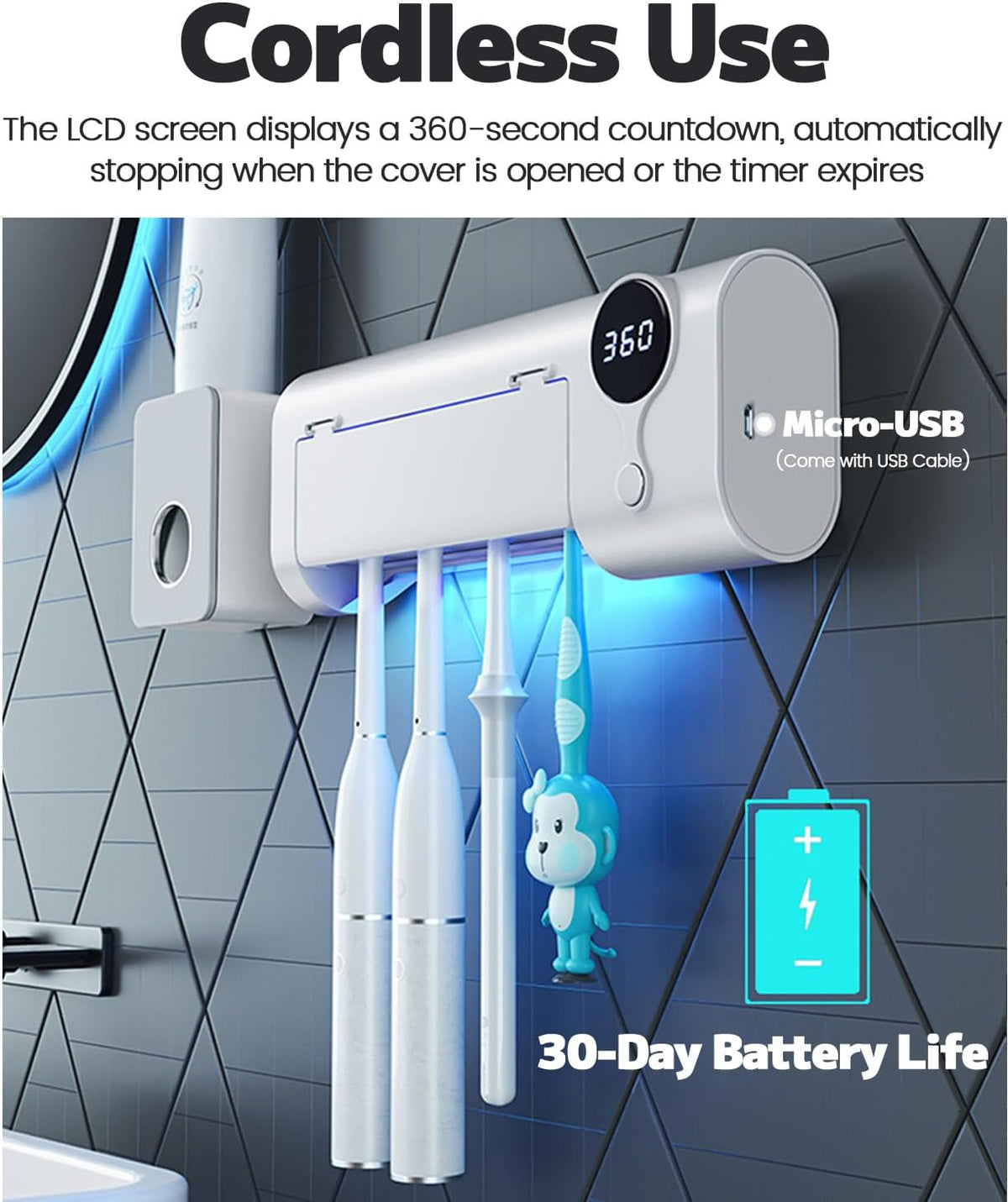MIMORE Toothbrush Holder Wall Mounted, 4 Slots, 6-Minute Timer