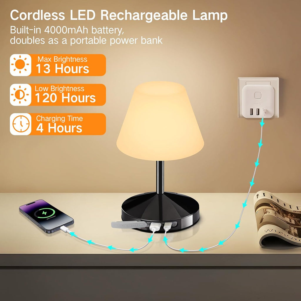 OUTON Rechargeable LED Shower & Table Lamp, Waterproof, USB Output, Stepless Dimming, 3 Colors, Power Indicator, Memory Function, Battery Operated Light for Home, Bathroom, Patio & Outdoor (Black)