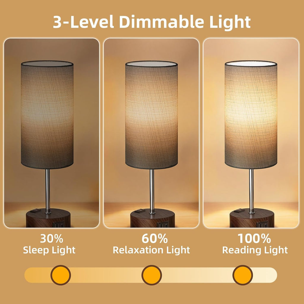 Table Lamp, Dimmable Touch, AC Outlet, USB A+C (Grey&Walnut)