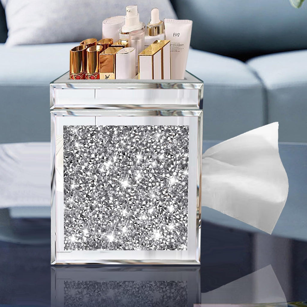 Wocred Square Tissue Box Cover Upgrades with Storage Tray,Crystal Crushed Diamond Tissue Box, Luxury Tissue Holders for Either Tissues in a Bathroom or Napkins on a Table.(6.5”x5.5”x5.5”)