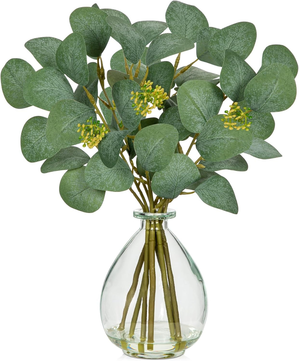 DILATATA Artificial Eucalyptus Stems in Glass Vase with Faux Water, 13" Fake Plant Eucalyptus Leaves Greenery for Table Centerpiece Office Home Decor - Clear