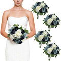 Set of 4 Bridesmaid Bouquets, 11 Inch Navy & Dusty Blue & White