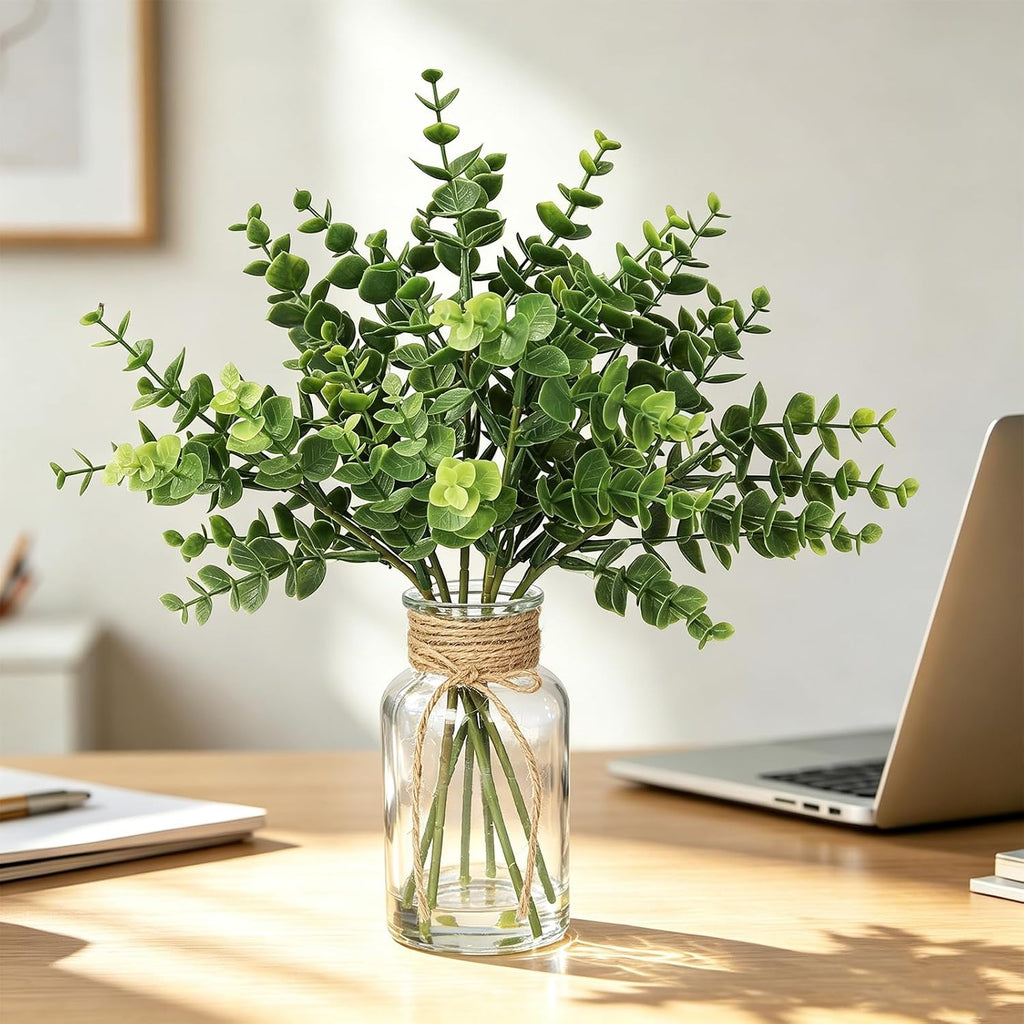 Coferset 2pcs Eucalyptus Potted in Glass Vase with Faux Water,Green