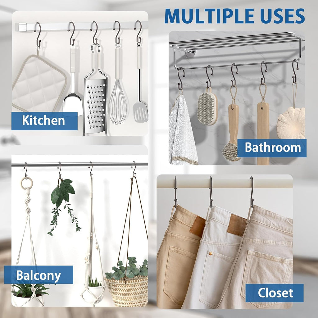 Goowin Bronze Metal Shower Curtain Hooks Rings, S Shape Metal Shower Curtain Rings Rust Proof Shower Curtain Hangers, Heavy-Duty Multi-Functional Shower Hooks for Shower Curtain, Bronze, 12 Pack