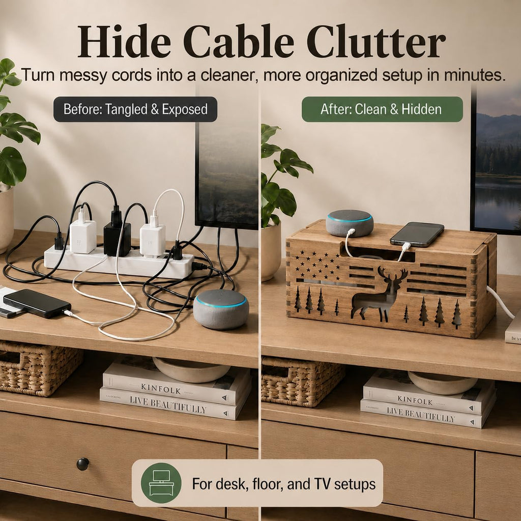 Acacia Wood Cable Management Box,Cord Hider & Organizer for Power Strip