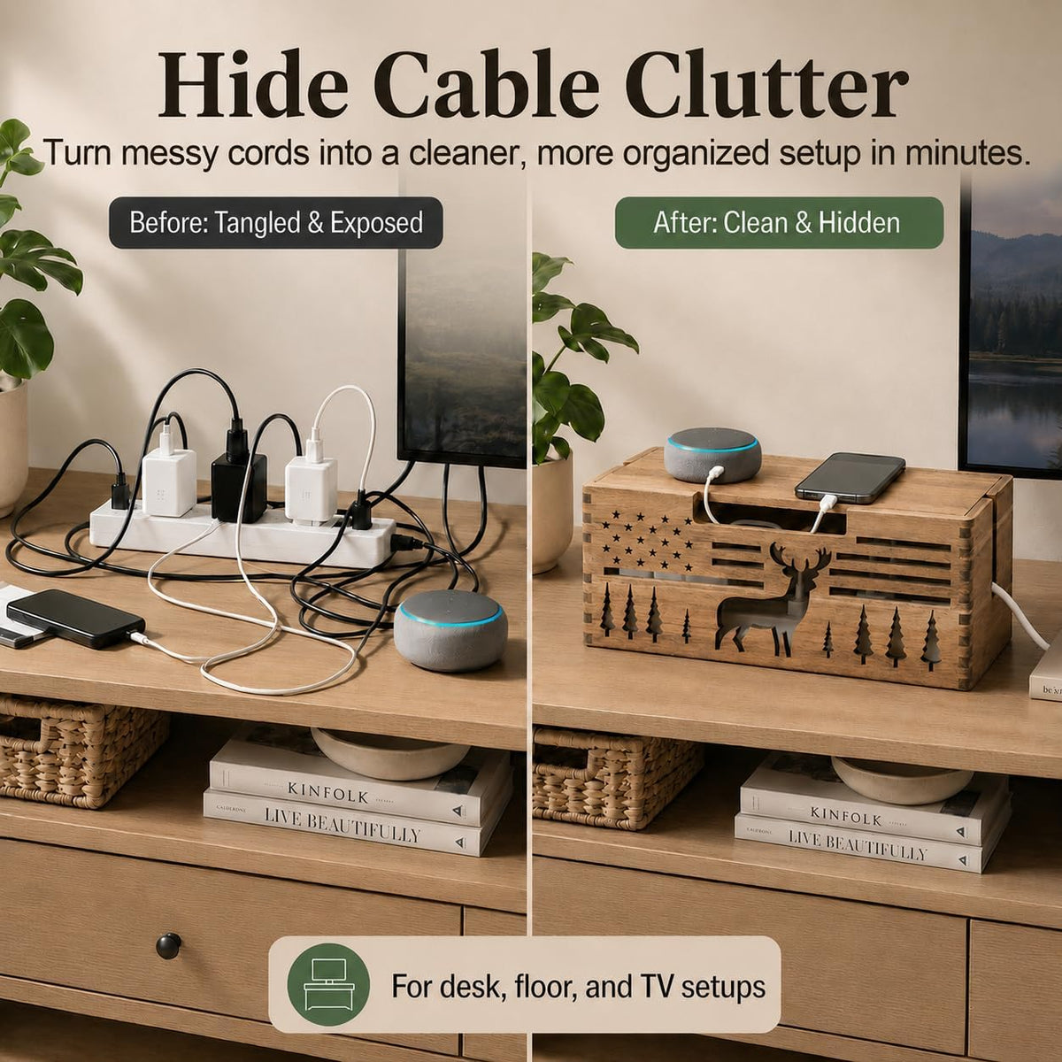 Acacia Wood Cable Management Box,Cord Hider & Organizer for Power Strip