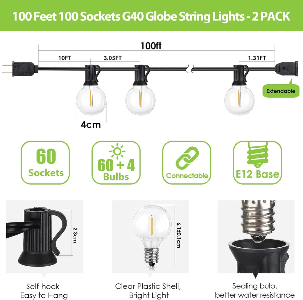 Mlambert 200Ft(2x100Ft) Outdoor String Lights, 60+4 G40 Globe Bulbs, Black