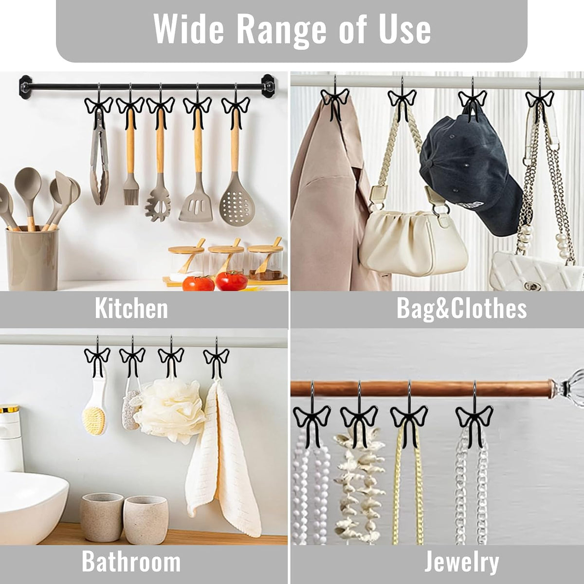 Bow Decorative Shower Curtain Hooks, Bowknot Shower Curtain Rings, Modern Bow Shower Curtain Hangers, 12PCS Shower Hooks for Shower Curtain, Home Decor, Bathroom, Bedroom, Living Room (Big-Black)