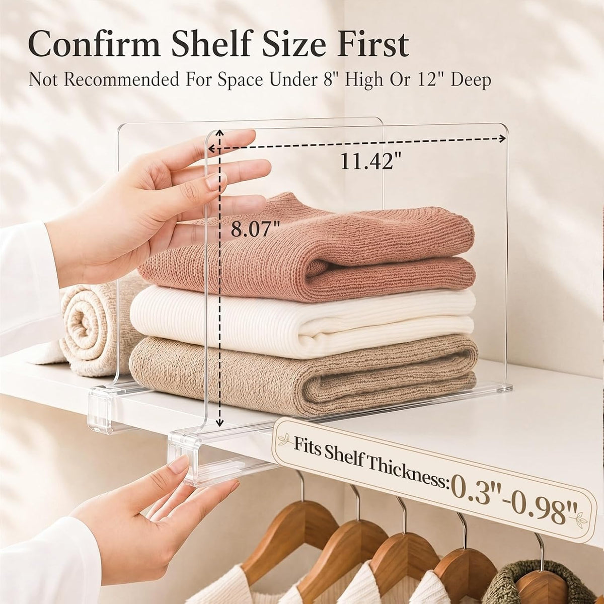 SortNStore Shelf Dividers Purse Organizer for Closet: Acrylic Clear 6 Pack