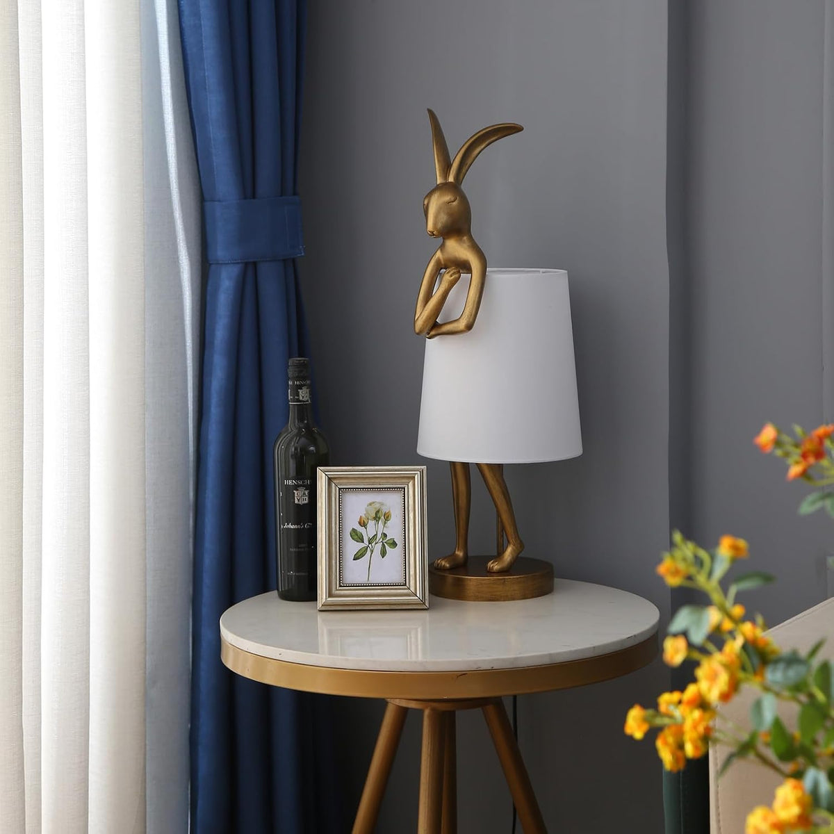 NorDiem Cute Rabbit Animal Table Lamp,Big Size 25.6", Gold Resin Bunny Decor LED Desk Light,White Linen Shade,Home Eye Protection Lamp Office Study Bedside Small Bunny Light (25.6" White Shade)