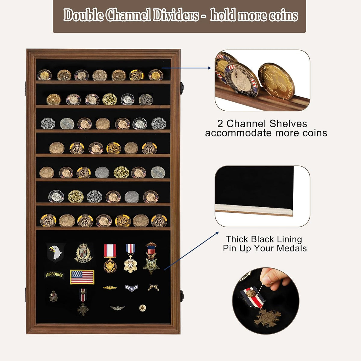 Oversized Military Challenge Coin Display case for Badges & Ribbons Walnut