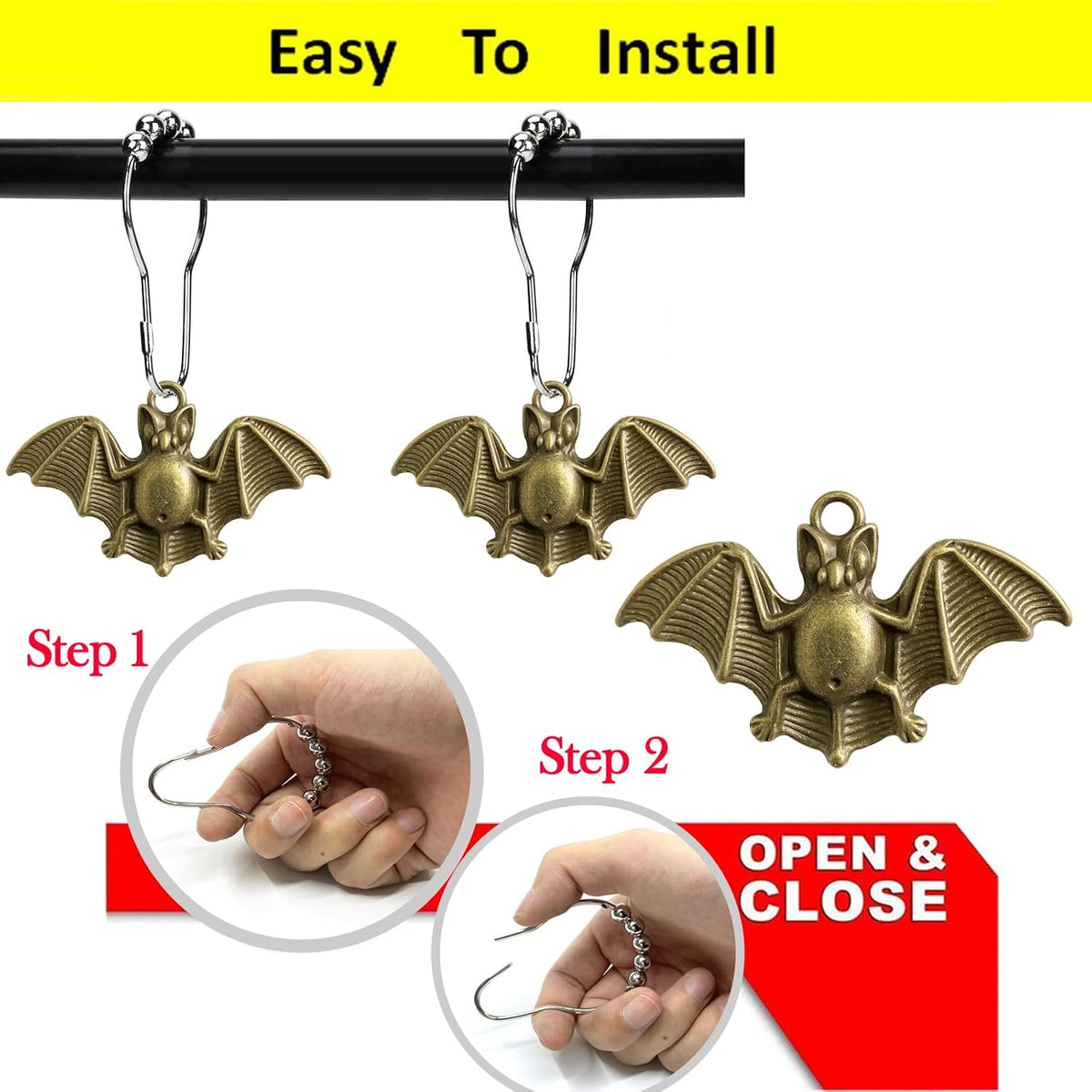 Set of 12 Bats Shower Curtain Hooks Rings Halloween Party Supplies Haunted House Decoration Stainless Steel Rustproof (Bronze-Bat)