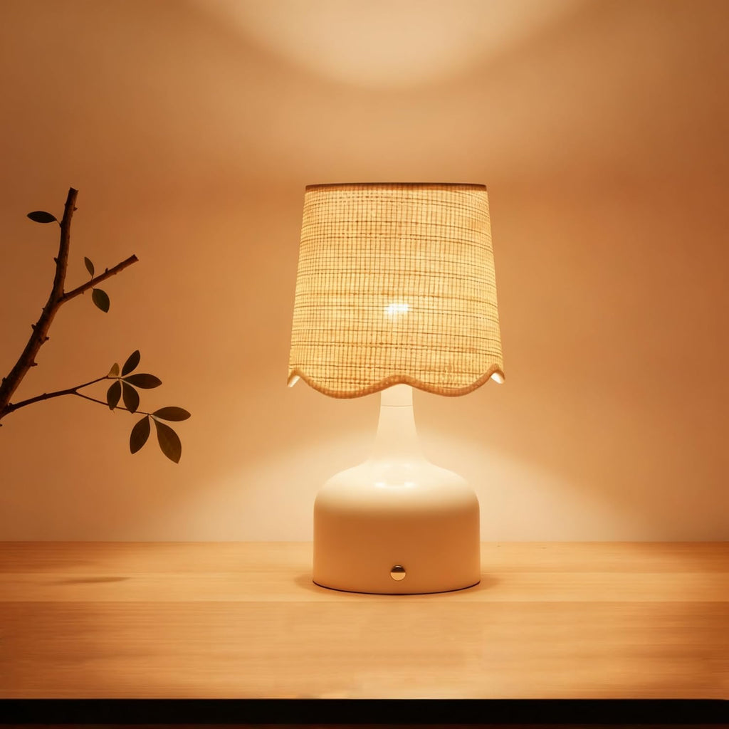 Cordless Boho Table Lamp Beige, Scalloped Wicker Shade, 5200-mAh Rechargeable Battery, 3-Way Dimmable, Build-in Integrated LED 320 Lumen Max, for Bedside Living Room