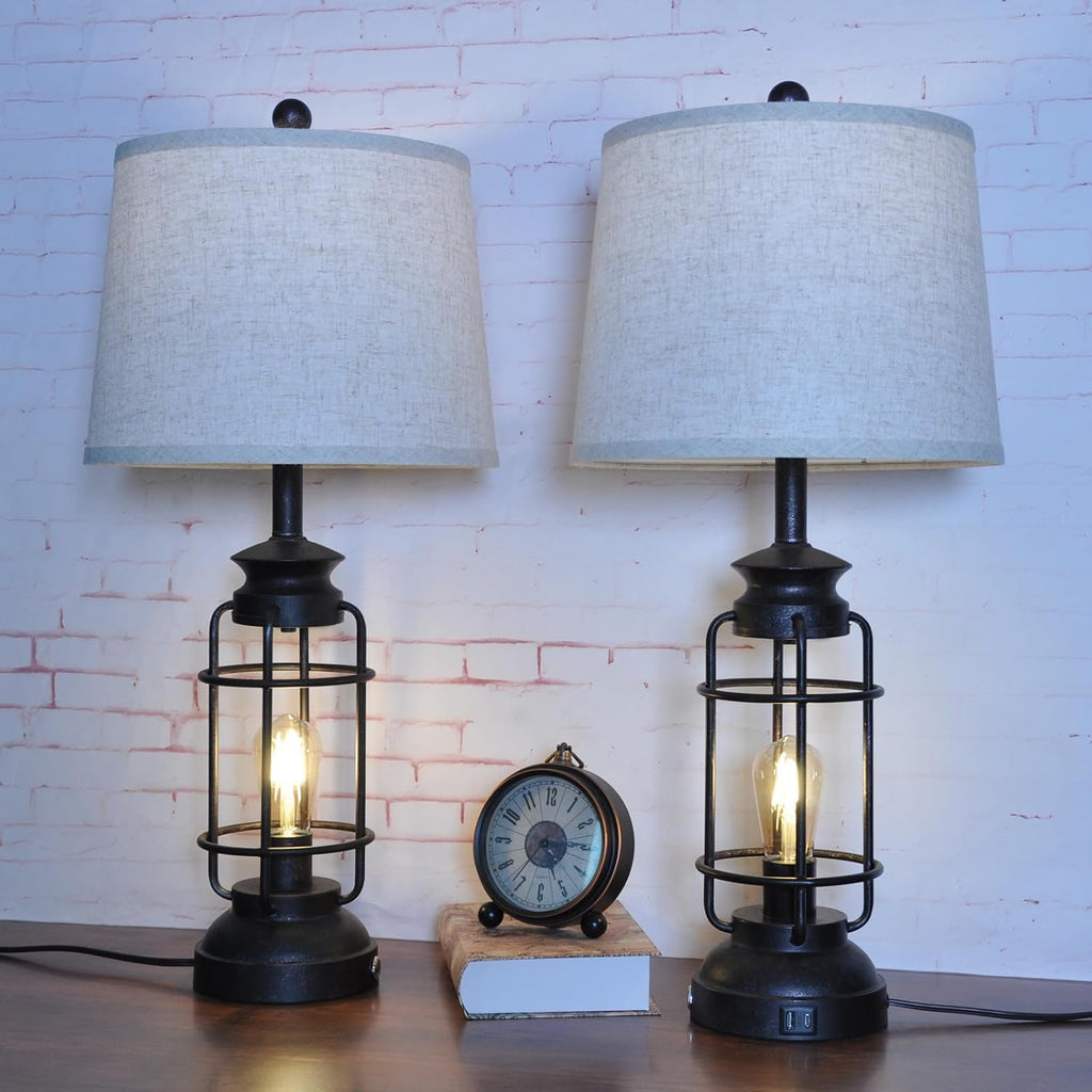 Table Lamps Set of 2 with USB Port 3 Way Dimmable Touch Lamps 28.5" Tall Rustic Industrial Living Room Lamps for Bedroom Bedside Office 4 Bulbs Included