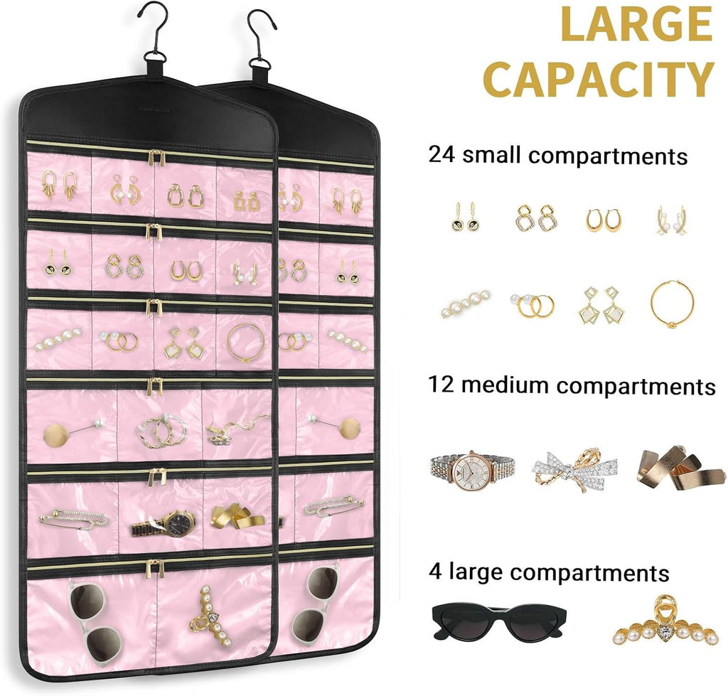 CHICECO Hanging Jewelry Organizer With Zippered Pockets,40 Pockets Travel Jewelry Organizer Storage (Pink)