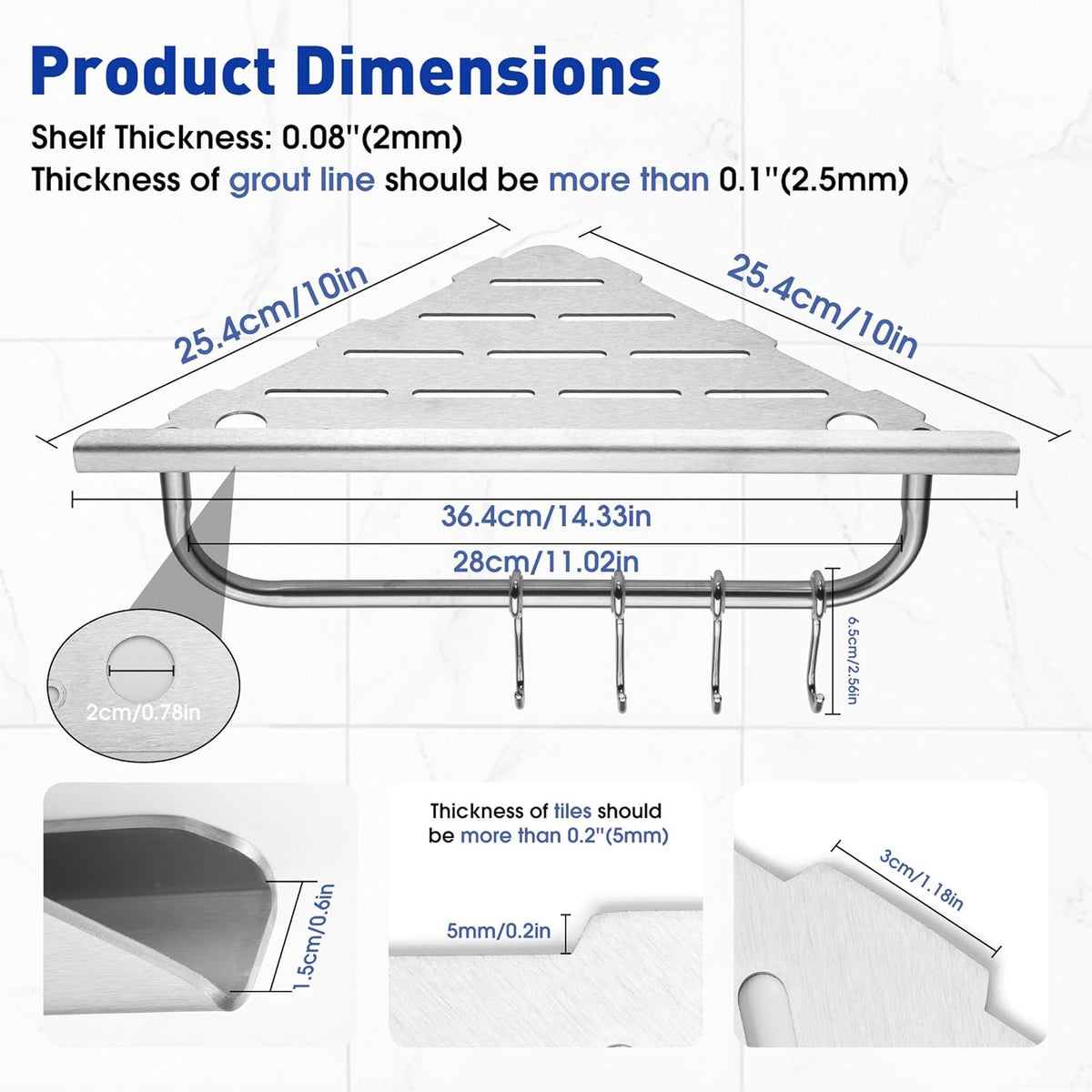 Shower Corner Shelf, 10'' Corner Shower Shelf with Towel Bar & Hooks, 2-Pack 304 Stainless Steel Recessed Bathroom Shelves, Grout in Bathroom Shower Shelf for Tiled Wall,(Brushed Nickel)