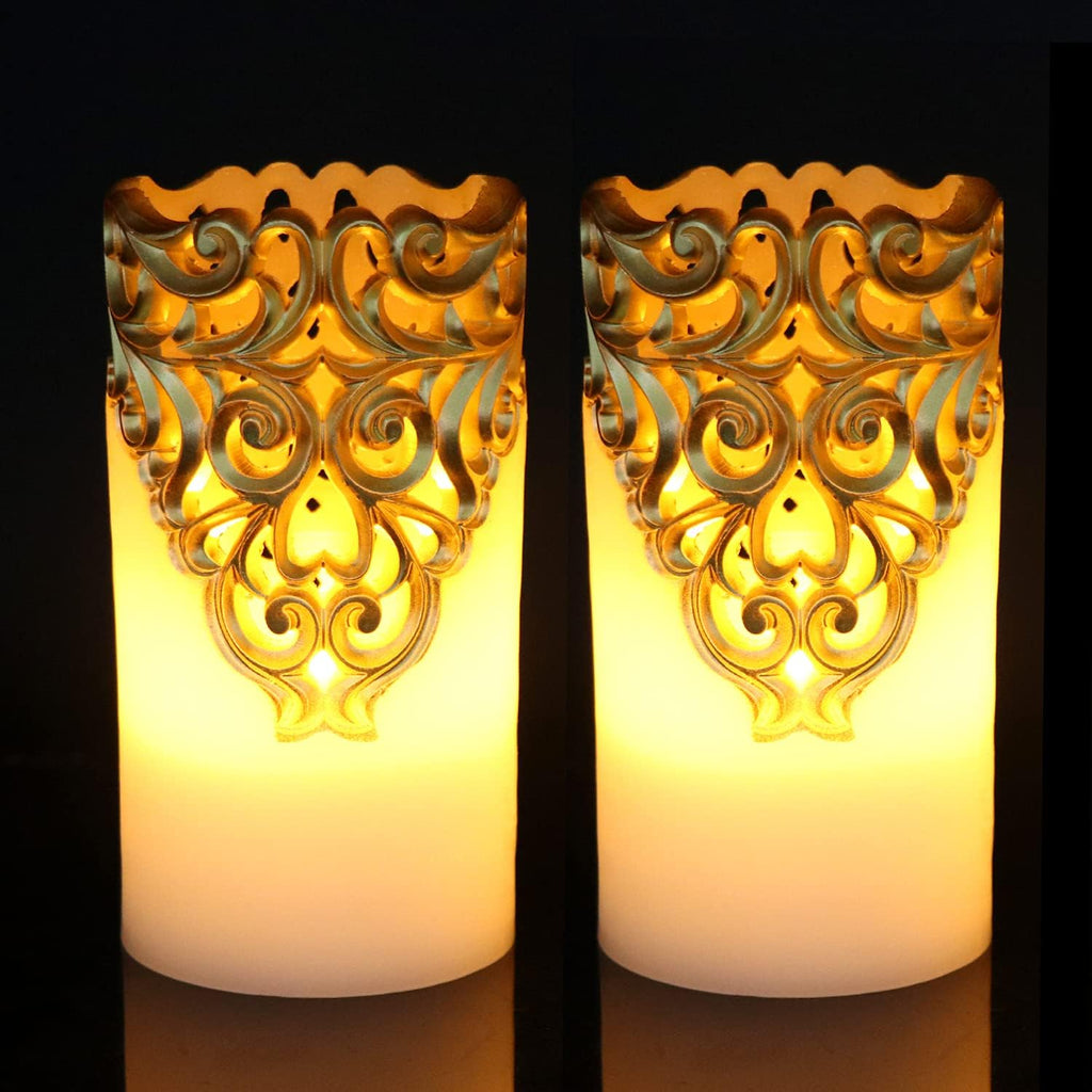 Eldnacele Gold Hollow Flameless Pillar Candles with 5H Timer