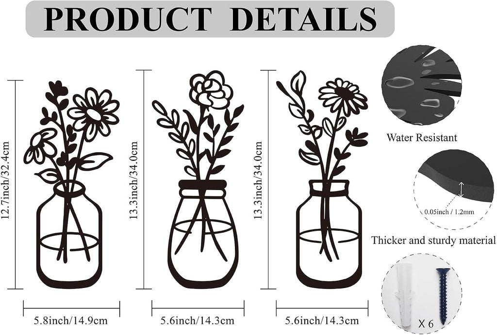 ELQQATY Metal Flower Wall Decor 3 Pieces Black Metal Wall Art Minimalist Art Wall Sculptures for Indoor Bedroom Living Room Bathroom Kitchen. (black2)