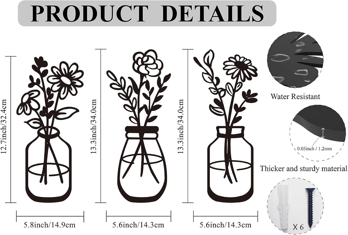 ELQQATY Metal Flower Wall Decor 3 Pieces Black Metal Wall Art Minimalist Art Wall Sculptures for Indoor Bedroom Living Room Bathroom Kitchen. (black2)