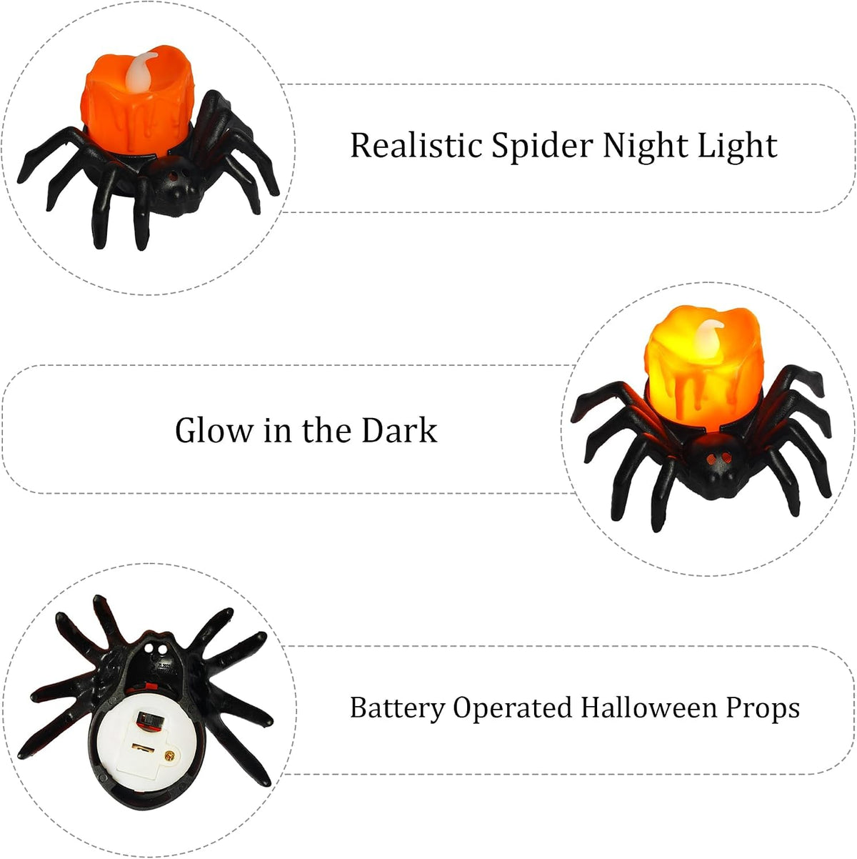 Dazzle Bright 12 Pack Halloween Spider Tea Lights Candles, Battery Operated LED Flameless Spider Candles Holder Lights, Spooky Halloween Decorations for Party Table Home Decor