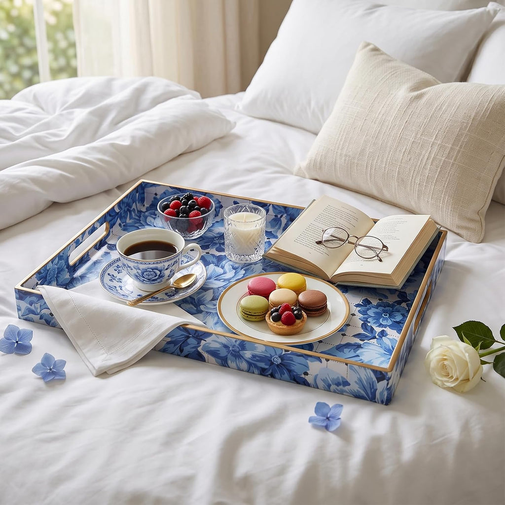 Serving Tray with Handles, Rectangular Plastic Tray 15.75x11.81 Inch, Decorative Tray for Kitchen, Dining Table, Vanity, Office & Home (Blue Peony, 15.8" x 11.8" x 1.6")