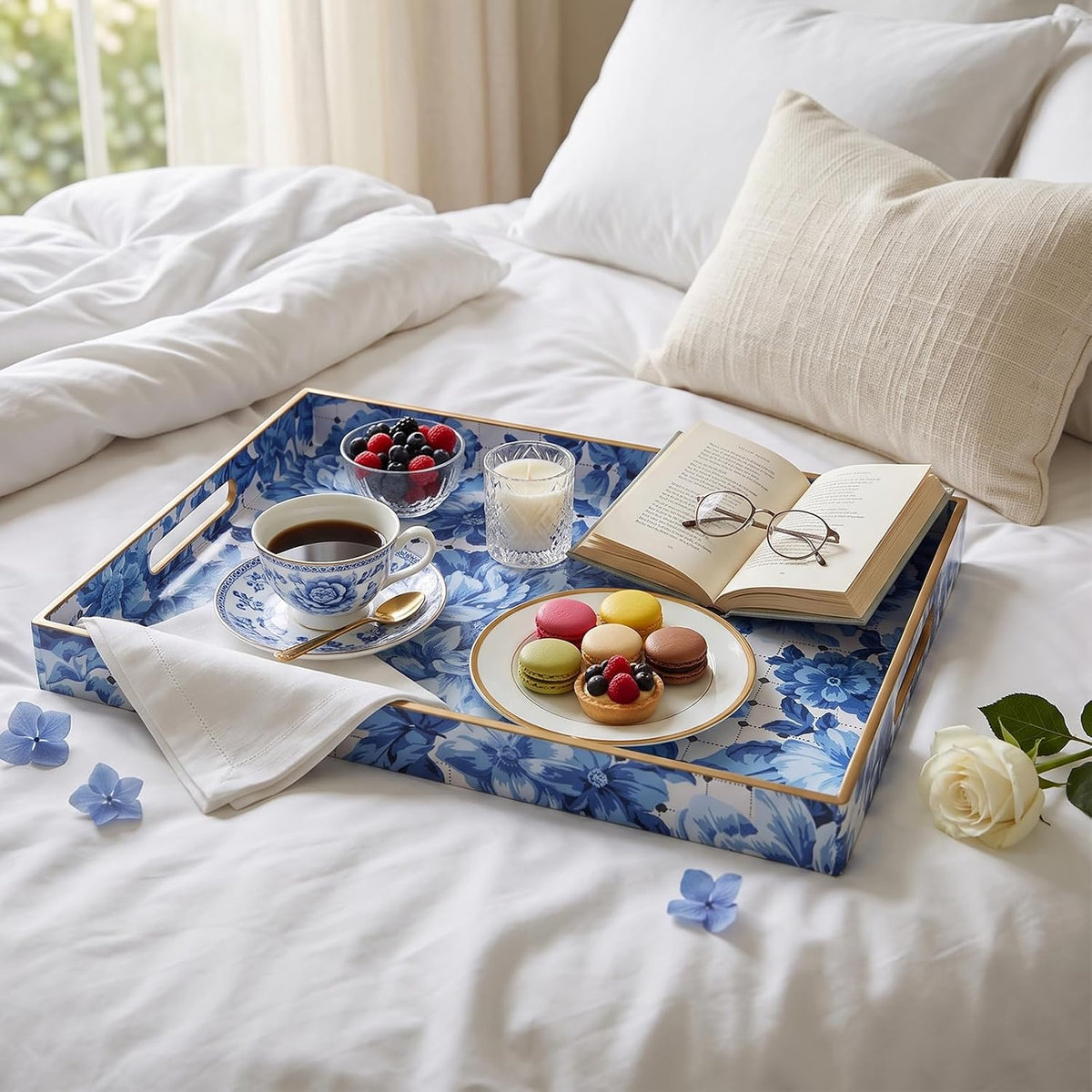 Serving Tray with Handles, Rectangular Plastic Tray 15.75x11.81 Inch, Decorative Tray for Kitchen, Dining Table, Vanity, Office & Home (Blue Peony, 15.8" x 11.8" x 1.6")
