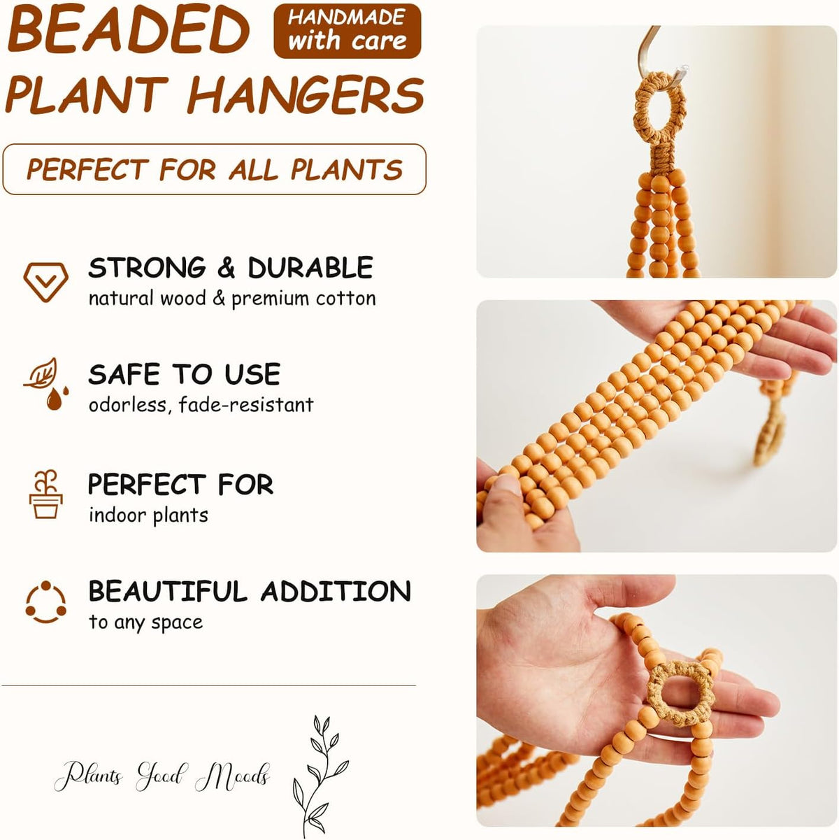 Boho Wood Bead Macrame Plant Hangers, 2Pack Handmade Beaded Hanging Planter Holders for Indoor with 4 Hooks, Fits 4–8 Inch Pots, Hanging Basket for Living Room Bedroom Window Patio Balcony Home Decor