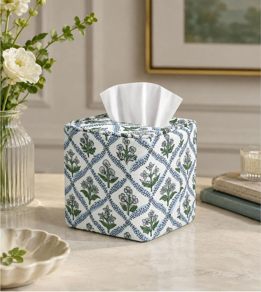 Livelab Cotton Handmade Print Tissue Box Cover – Fabric Decorative Square Napkin Holder, Stylish Tissue Case Facial Paper Cube Cover for Your Home, Officce, Car, Bathroom | Green Flower