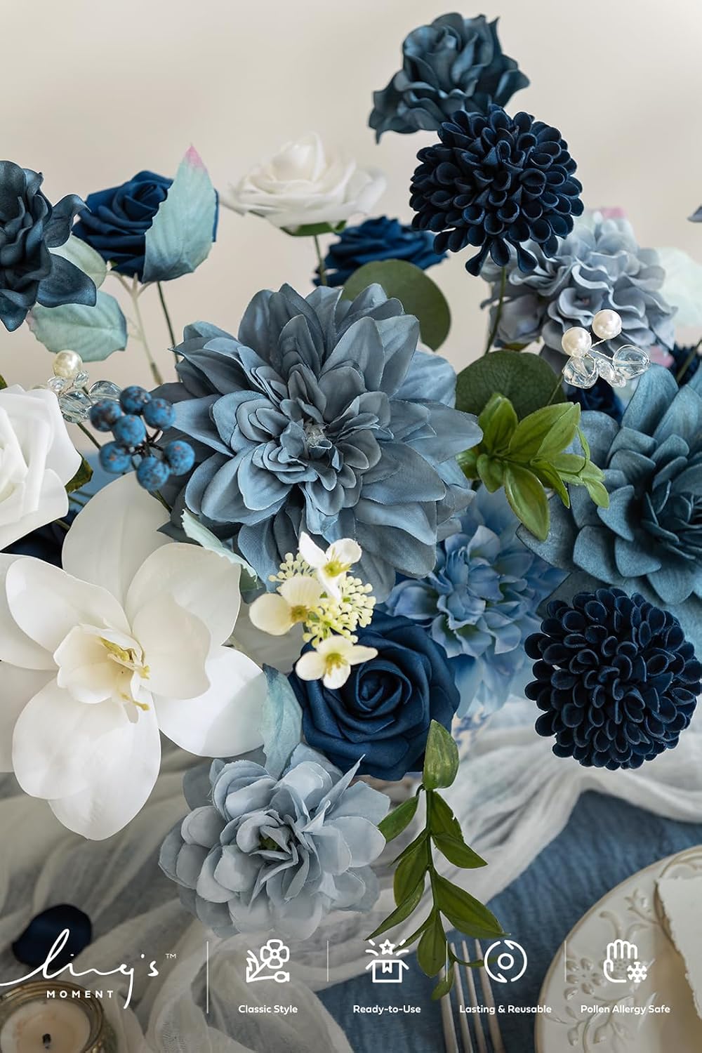 Ling's moment Artificial Wedding Flowers Combo, Dusty Blue & Navy, Deluxe