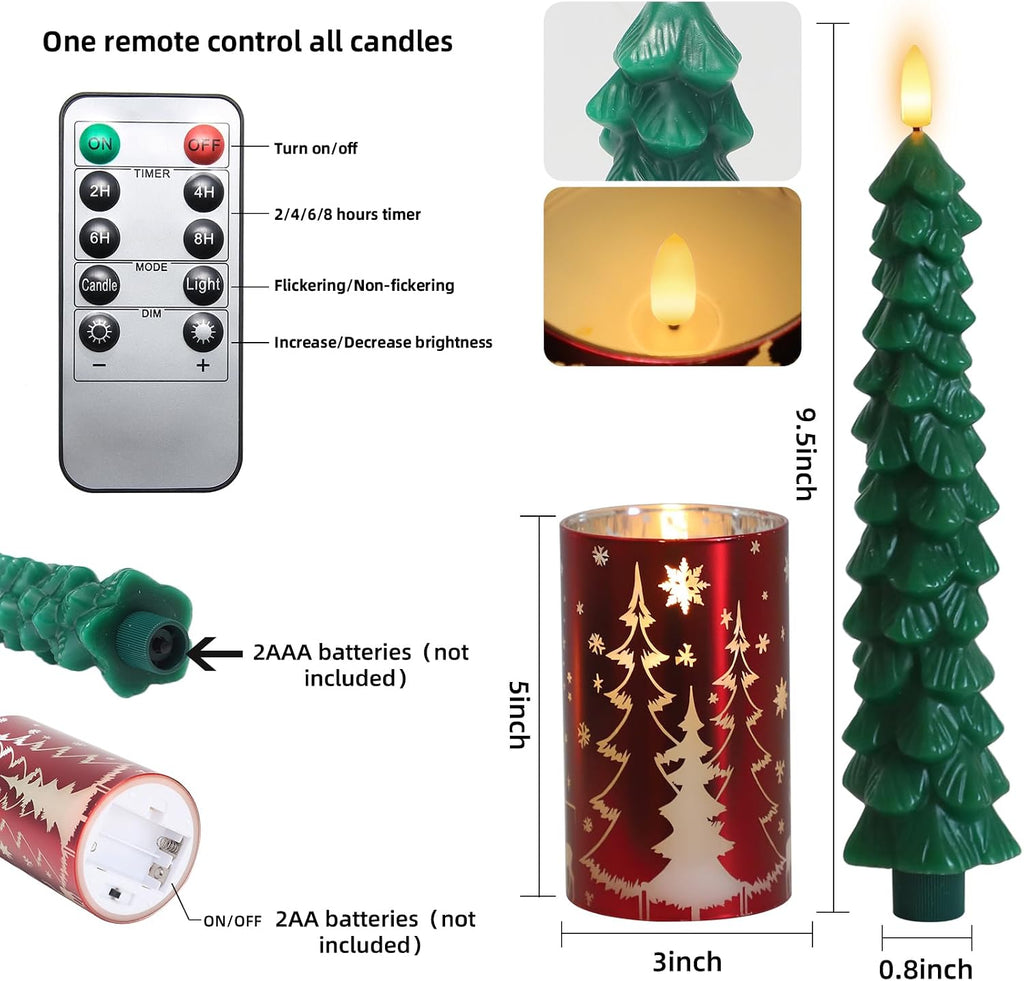 MUMCHASI Chritsmas Flameless Candles, Battery Operated Christmas Candles, Real Wax Glass Flickering LED Candles, Tree Candlestick for Home Christmas Decor, Remote Timer