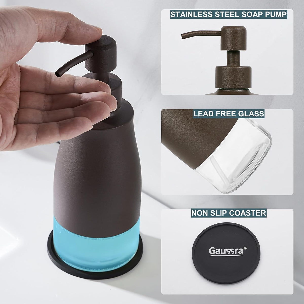 Gaussra Matte Brown Soap Dispenser with Coaster & Stickers - 11 OZ / 320 ML