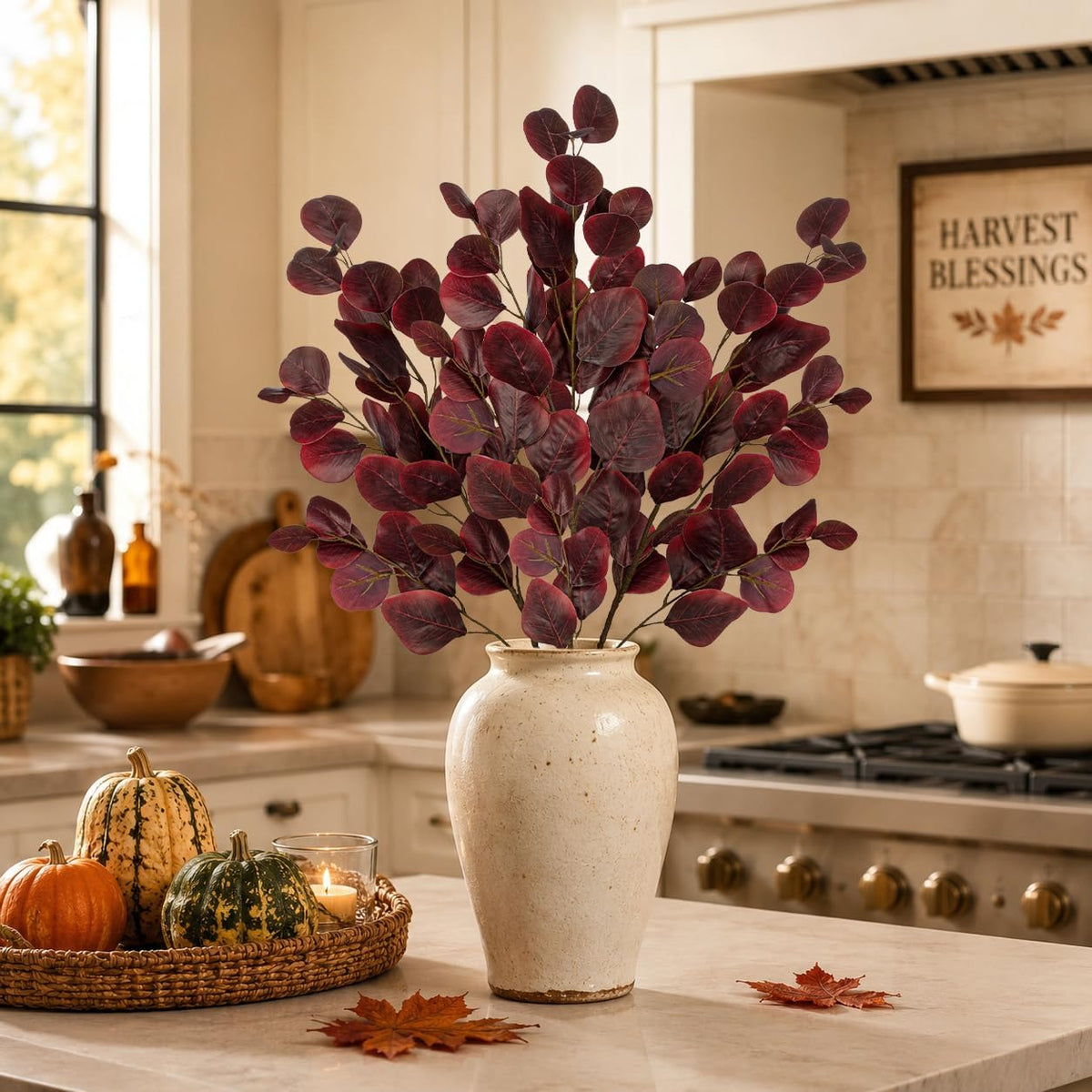 Hollyone 3Pcs Fall Eucalyptus Stems Artificial Eucalyptus Leaves Branches Fake Fall Flower Arrangements Red Leaf Long Stems Plants Autumn Faux Shrubs Bushes Thanksgiving Festival Decorations Burgundy